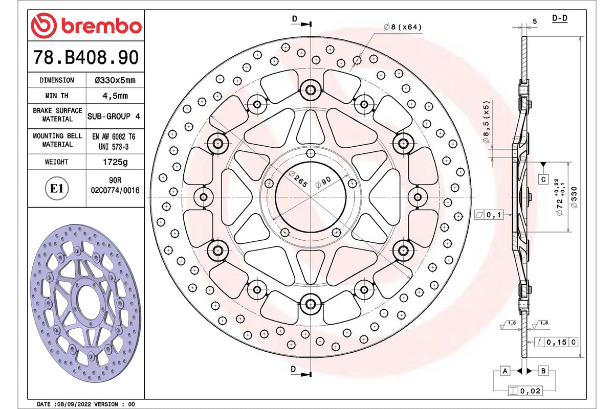 Italian stock Brembo SERIE ORO Serie Oro Floating brake disc rotor for DUCATI Panigale V4/1299/1199/S/R 330mm 78B40890 Ducati Panigale 2025