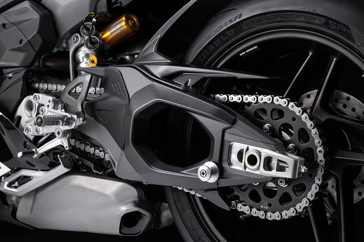 DUCATI 2025-2026 Panigale V4 Swingarm Carbon Fiber Protector (Part Number 96981811AA) for 2026 V4R, SFV4, and DP.