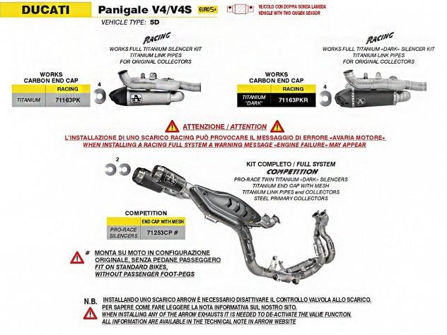In stock in Italy. DUCATI 2025-2026 Panigale V4 ARROW 71253CP Full Titanium Exhaust System for Panigale V4 and Streetfighter V4.