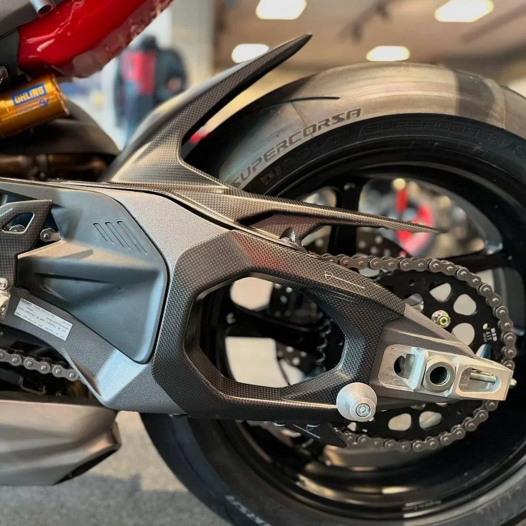 DUCATI 2025-2026 Panigale V4 Swingarm Carbon Fiber Protector (Part Number 96981811AA) for 2026 V4R, SFV4, and DP.