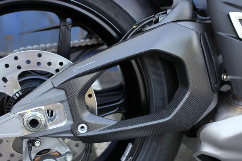 DUCATI 2025-2026 Panigale V4 Swingarm Carbon Fiber Protector (Part Number 96981811AA) for 2026 V4R, SFV4, and DP.