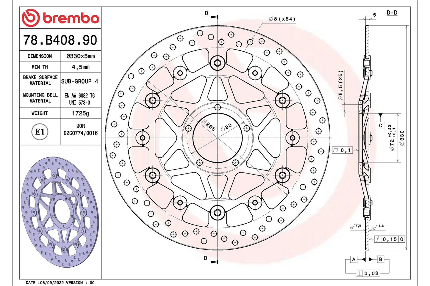 国内予約分 brembo SERIE ORO セリエオロ フローティングブレーキディスクローター  DUCATI パニガーレ V4/1299/1199/S/R 用 330mm 78B40890 ドゥカティ Panigale 2025