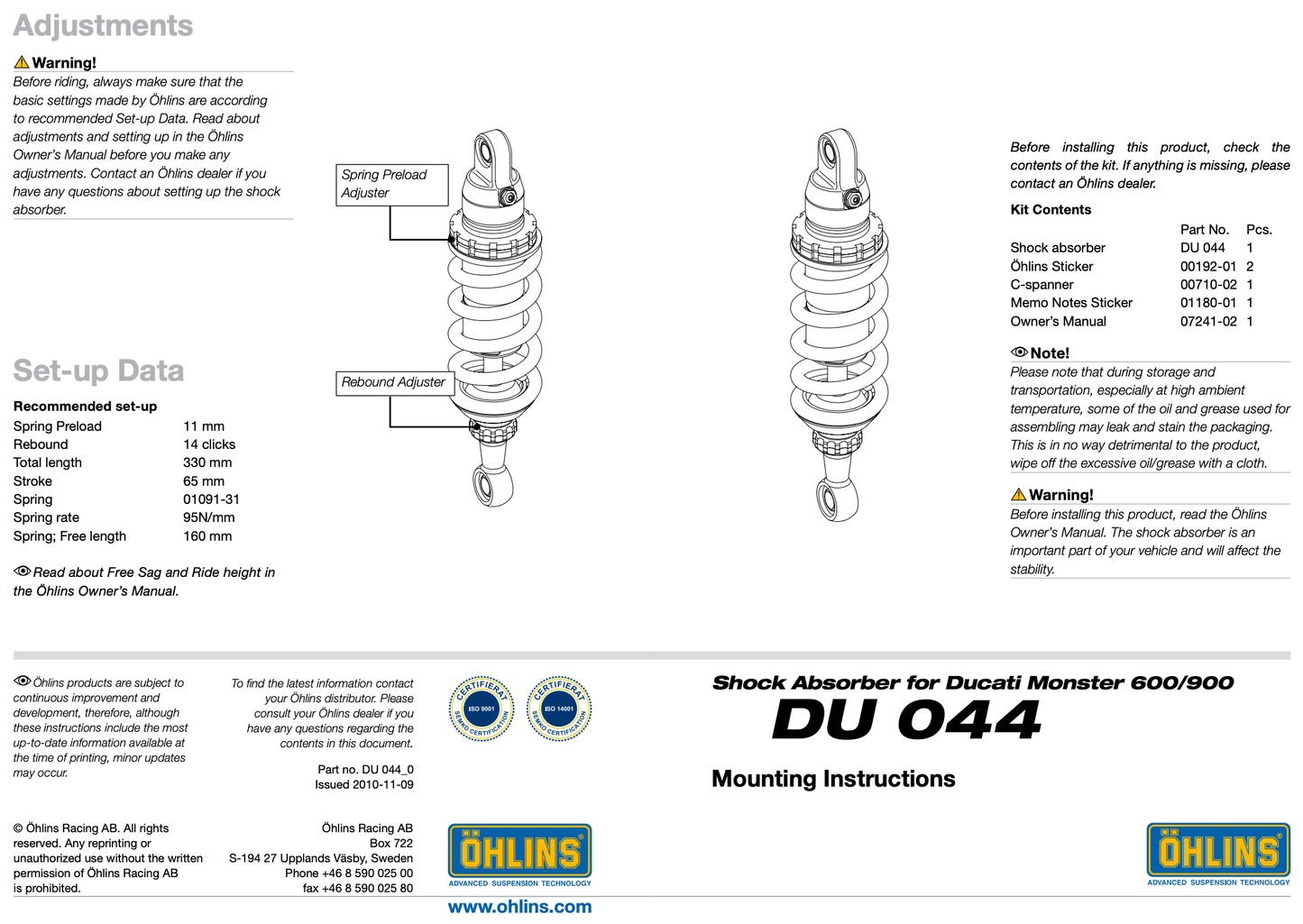 10/22イタリア在庫あり DU044 OHLINS オーリンズ リアサスペンション DUCATI Monster 900 750 600 400 S46DR1 モンスター